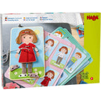 Dress Me Threading & Lacing Game featuring colorful illustrated cards of children with outfits to thread and lace, promoting imaginative play and fine motor skills for toddlers.