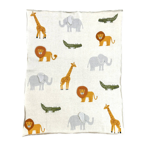 Viverano Organics - Savannah-Organic 3D Jacquard Sweater Knit Baby Blanket featuring playful giraffe, elephant, lion, and crocodile designs in soft, breathable organic fabric, perfect for cozy baby essentials.