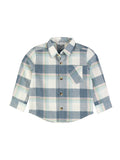 RuffleButts + RuggedButts - Boys Alpine Plaid Flannel Long Sleeve Button Down Shirt: Blue with soft blue and white plaid pattern, cozy fabric, classic collar, front buttons, and chest pocket, perfect for stylish kids clothing.
