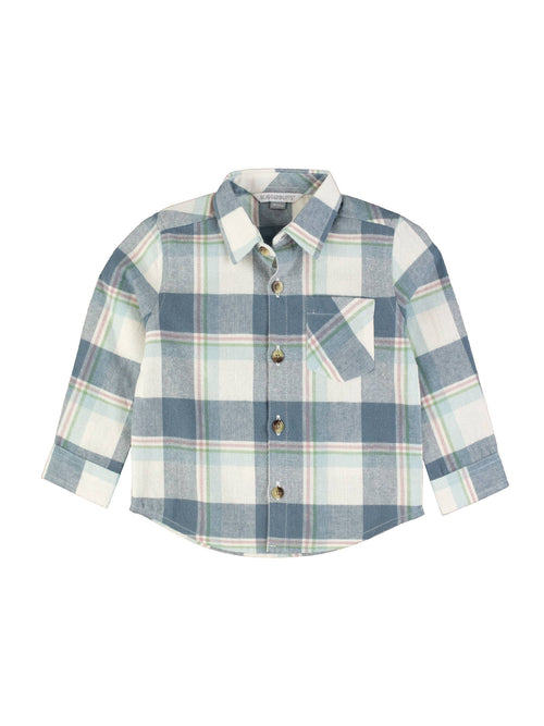 RuffleButts + RuggedButts - Boys Alpine Plaid Flannel Long Sleeve Button Down Shirt: Blue with soft blue and white plaid pattern, cozy fabric, classic collar, front buttons, and chest pocket, perfect for stylish kids clothing.