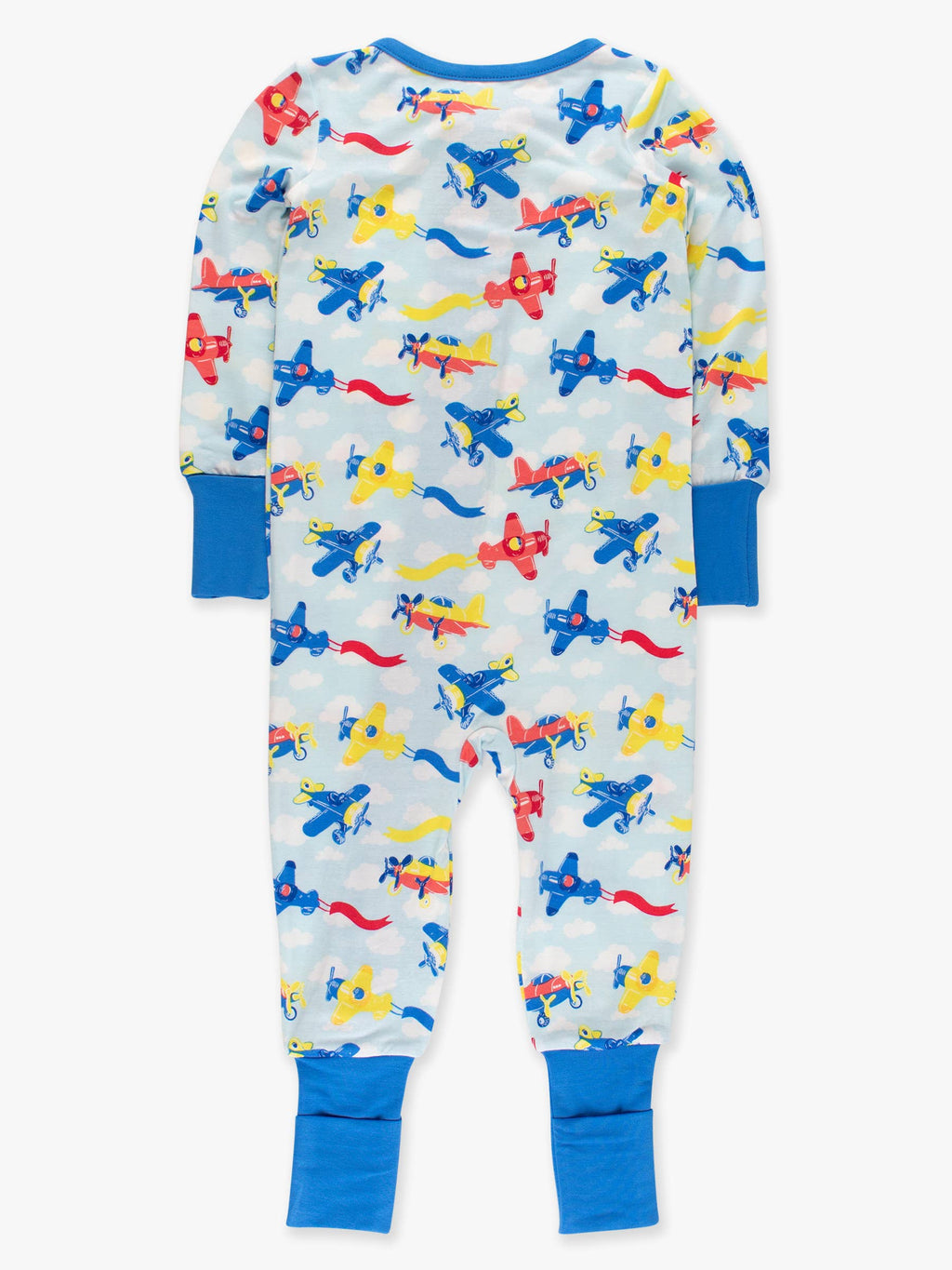 Back view of RuffleButts + RuggedButts - SoftSnooze™ Baby Bamboo Viscose Plane Parade Convertible One Piece Footie Pajama featuring colorful airplanes on a soft blue sky background with blue cuffs, offering breathable and cozy baby essentials for modern families.