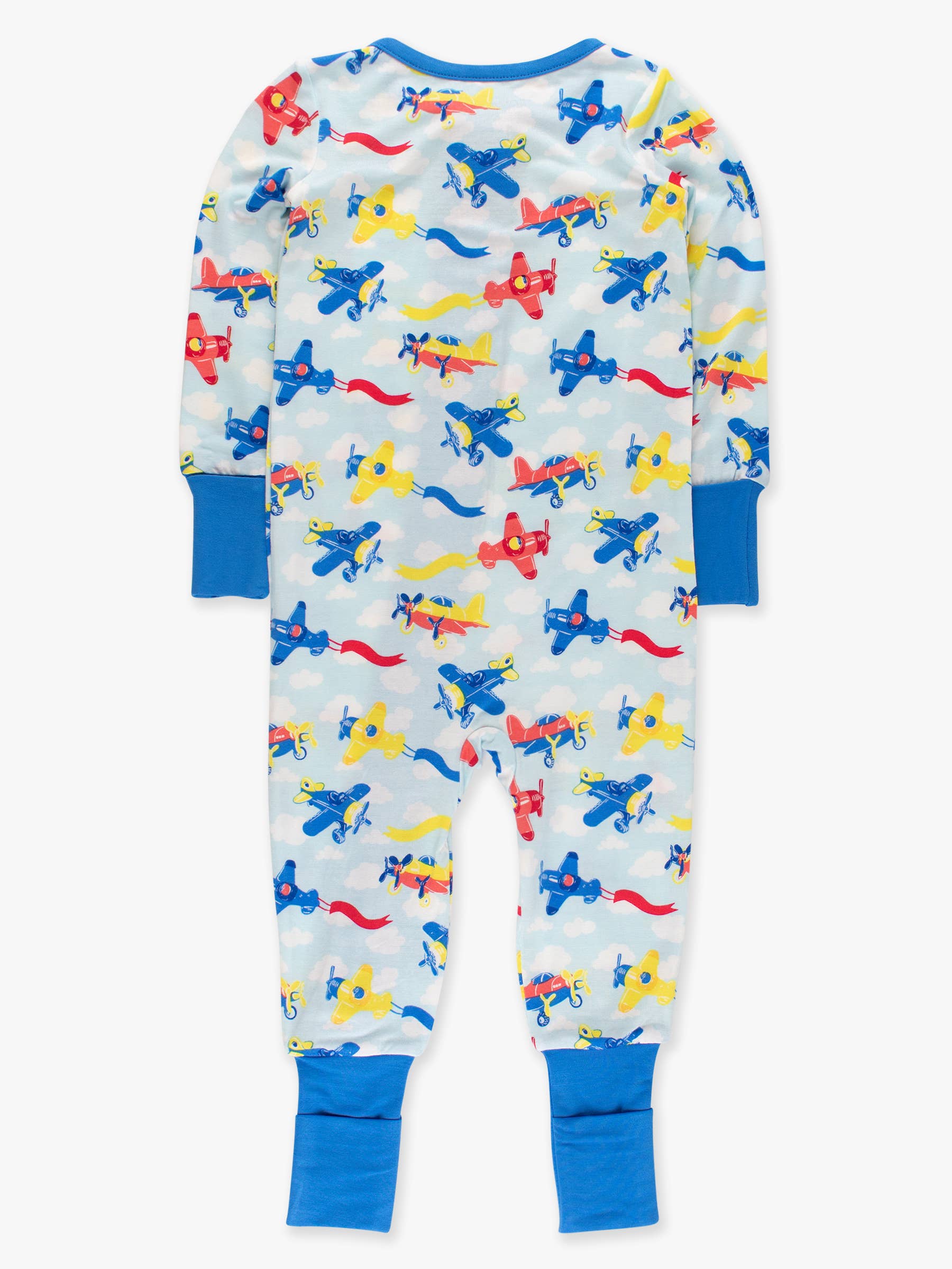 Back view of RuffleButts + RuggedButts - SoftSnooze™ Baby Bamboo Viscose Plane Parade Convertible One Piece Footie Pajama featuring colorful airplanes on a soft blue sky background with blue cuffs, offering breathable and cozy baby essentials for modern families.