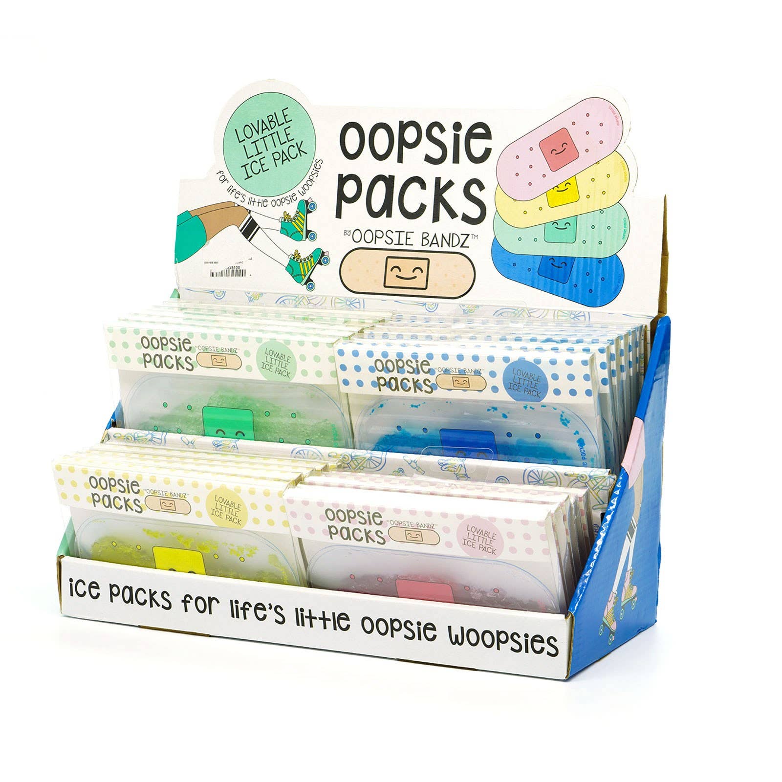 Display of Oopsie - Bandz Oopsie Packs featuring colorful, playful ice pack designs in pastel shades, ideal for soothing minor bumps with soft, child-friendly style.