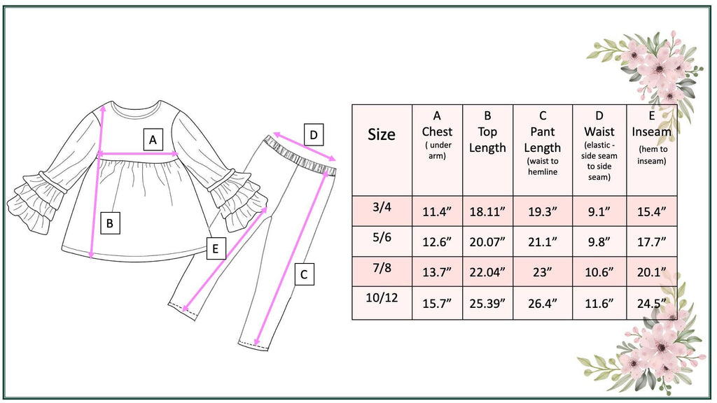 Measurement chart for children's clothing with a dress and leggings set.