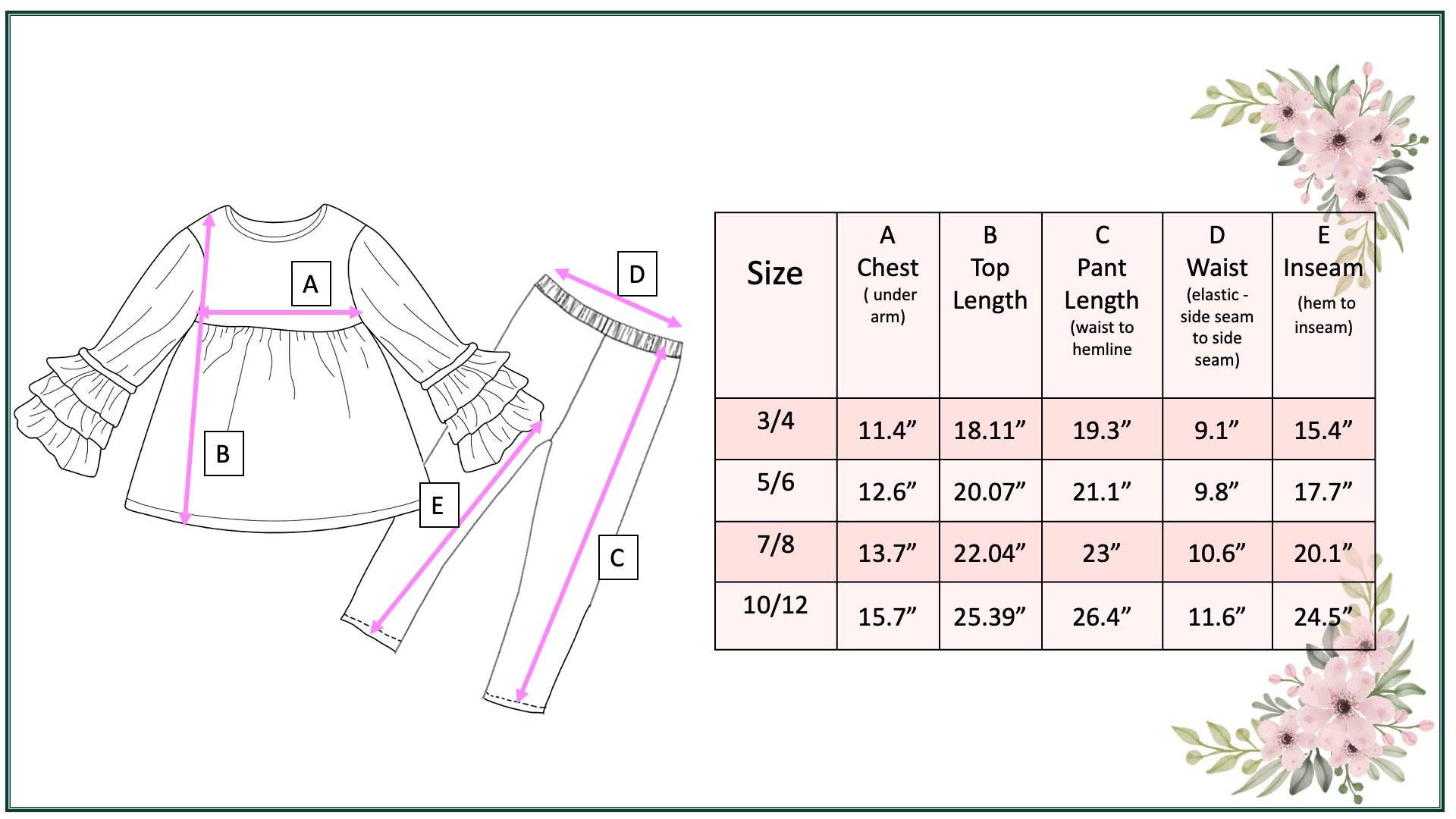 Measurement chart for children's clothing with a dress and leggings set.
