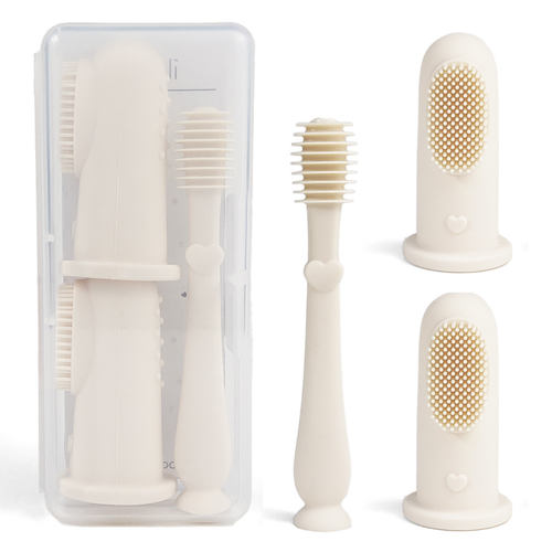 Ali+Oli - Baby Finger Toothbrush & Tongue Cleaner Oral Set 3m+ featuring soft silicone brushes in a neutral tone with heart details, perfect for gentle baby oral care.