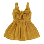 Fennco Styles - Front Tie Bowknot Gauze Cotton Girl Dress: Mustard / 1-2T