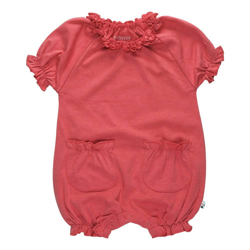 babysoy Inc - Basic Bubble Romper: Blossom in soft coral with ruffled collar and sleeves, featuring two front pockets, made from breathable fabric for cozy baby essentials in a curated children’s boutique.