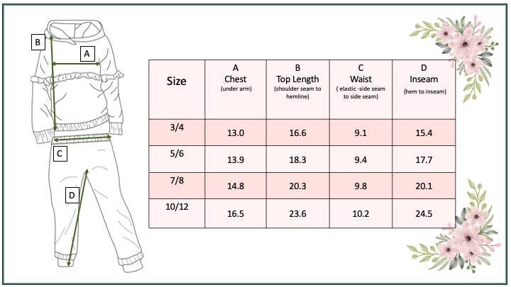 A size measurement chart for a children's two-piece outfit, showing a line-drawn hoodie and pants with labeled measurement points A, B, C, and D next to a size table with chest, top length, waist, and inseam measurements for sizes 3/4 through 10/12.
