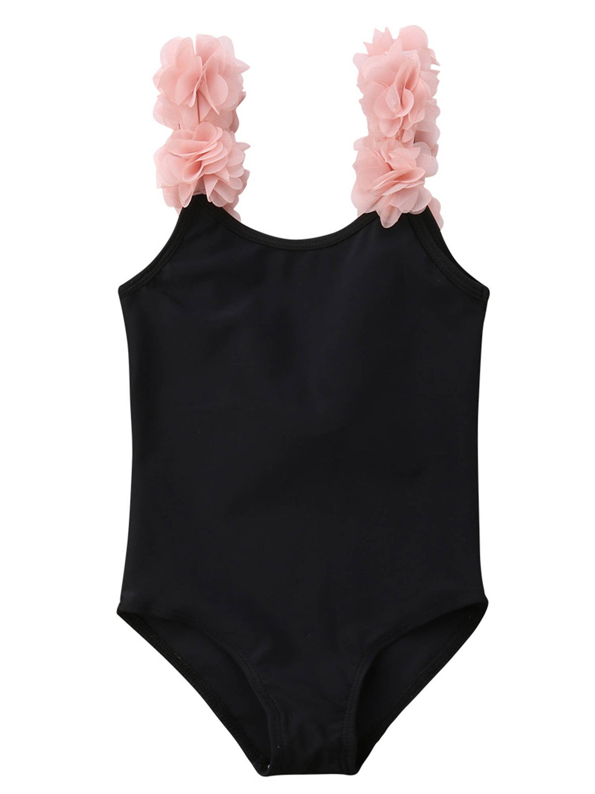 Fennco Styles - 3D Flower Straps Backless 1pc Black Little Girl Swimsuit with delicate pink floral straps, perfect stylish kids clothing for summer and swimwear essentials.