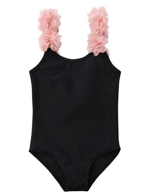 Fennco Styles - 3D Flower Straps Backless 1pc Black Little Girl Swimsuit with delicate pink floral straps, perfect stylish kids clothing for summer and swimwear essentials.