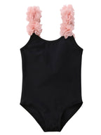 Fennco Styles - 3D Flower Straps Backless 1pc Black Little Girl Swimsuit: 4T