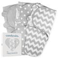Comfy Cubs - Baby Easy Swaddle Blankets - Pack of 3: Grey / Small 0-3m featuring soft breathable fabric in neutral grey shades with polka dot and chevron patterns, ideal for cozy baby essentials.
