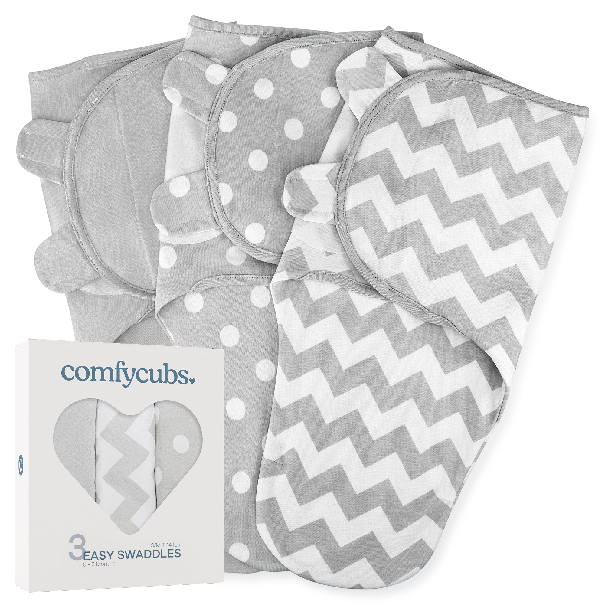 Comfy Cubs - Baby Easy Swaddle Blankets - Pack of 3: Grey / Small 0-3m