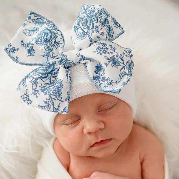ilybean - Ilybean Blue Toile Floral Bow White Hospital Hat: Blue Floral Bow / 0-3m