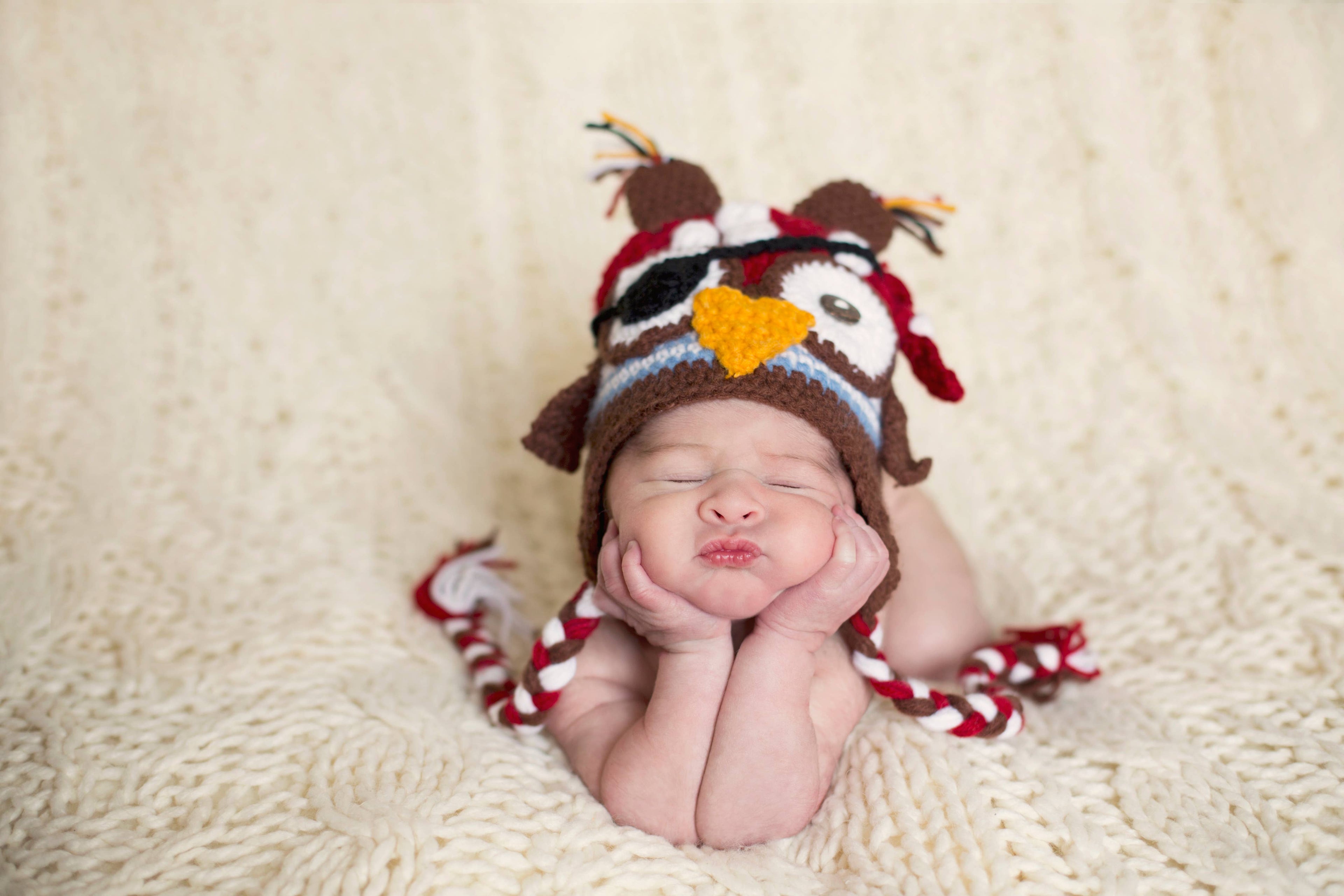 The Daisy Baby LLC - Brown/White Pirate Owl Crocheted Handmade Heirloom Gift Hat: 0-6m