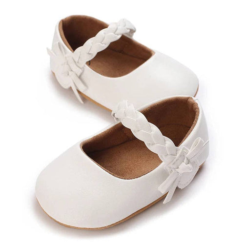 Urban Tots - Braid Strap Baby Mary Janes - White, soft white baby shoes with braided straps and a delicate bow, perfect for stylish kids clothing and cozy baby essentials.