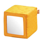Happy Quartett Baby's 4 Piece Soft Block Set featuring a yellow soft fabric cube with a mirror on one side, designed for sensory play and safe tactile exploration.