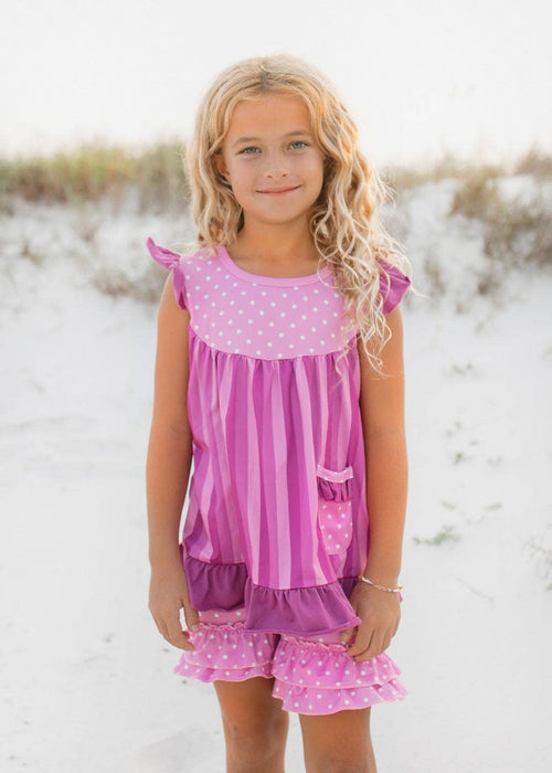 Adorable Sweetness - Kids Pink Purple Polka Dot Spring Ruffle Pocket Short Set