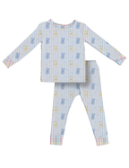 Kiki + Lulu - Peeps + Sleeps Kids Pajamas featuring soft blue and cream bunny pattern on light striped fabric, with colorful plaid cuffs, offering cozy comfort for children.