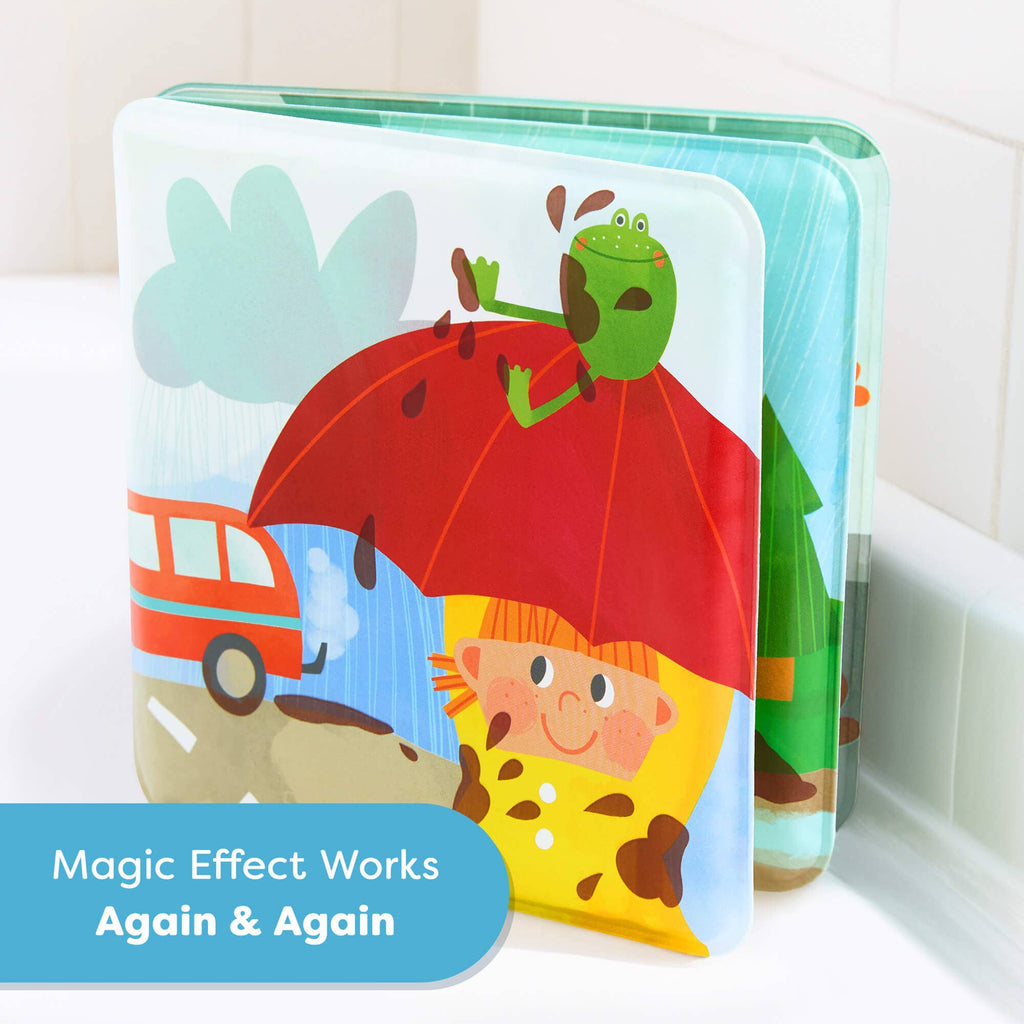 Magic Muddy Day Color Changing Bath Book showing a child under a red umbrella with a green frog and colorful waterproof pages, designed for playful learning during bath time.