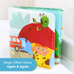 Magic Muddy Day Color Changing Bath Book showing a child under a red umbrella with a green frog and colorful waterproof pages, designed for playful learning during bath time.