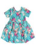 RuffleButts + RuggedButts - Girls Fancy Me Floral Short Sleeve Knit Twirl Dress: Blue featuring a vibrant floral pattern on soft, breathable fabric perfect for stylish kids clothing from a curated children’s boutique.