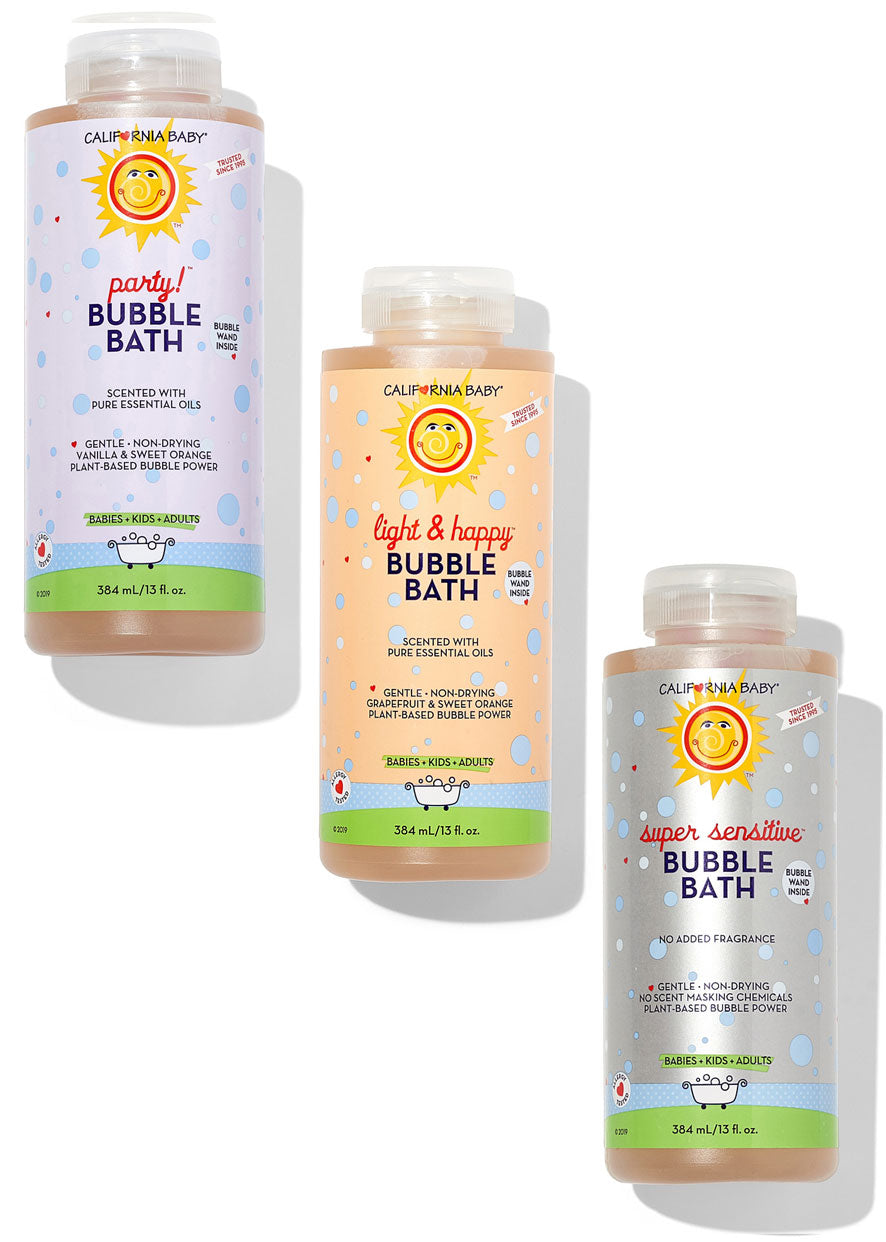 California Baby - Bubble Bath Fun Trio featuring three 13 oz bottles of plant-based, gentle, non-drying bubble bath in scents party!, light & happy, and super sensitive for babies, kids, and adults.