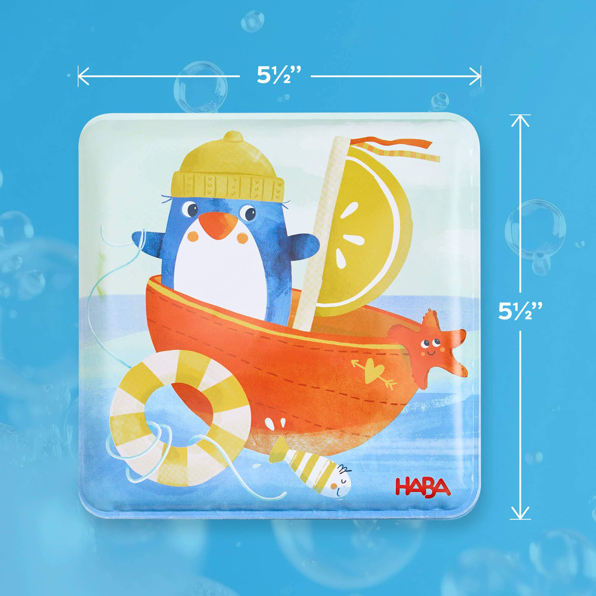 Square Penguin Bath Book with Squeaker featuring a penguin in a boat illustration, designed for sensory play and engaging bath time for toddlers and babies.