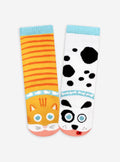 Pals Socks - Cat & Dog Fun Mismatched Non-Slip Kids Socks feature playful orange striped cat and white spotted dog designs with blue accents, perfect for cozy toddler wear.