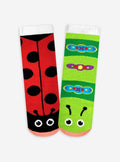 Pals Socks - Ladybug & Caterpillar Fun Mismatched Non-Slip Kids Socks featuring bright red ladybug and green caterpillar designs, perfect for stylish kids clothing and playful learning.