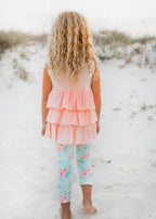 Adorable Sweetness - Kids Peach Teal Floral Tiered Ruffle Button Spring Set