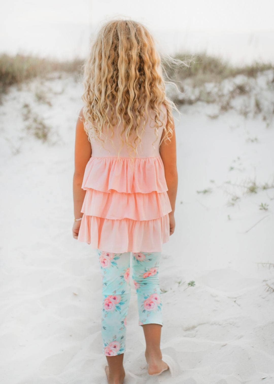 Adorable Sweetness - Kids Peach Teal Floral Tiered Ruffle Button Spring Set