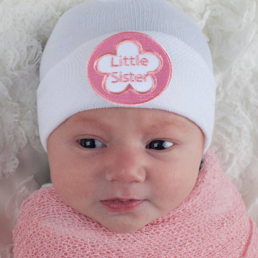 ilybean - Ilybean White Little Sister Pink Flower Patch Hospital Hat: 0-3m