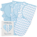 Set of three blue baby swaddle blankets with cloud and zigzag patterns alongside Comfy Cubs - Baby Easy Swaddle Blankets - Pack of 3: Blue / Large 3-6m packaging, designed for soft, cozy comfort.