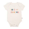 Finn + Emma - Baby graphic organic bodysuit | love my grandma featuring soft organic fabric with colorful text, perfect for a curated children’s boutique and cozy baby essentials.
