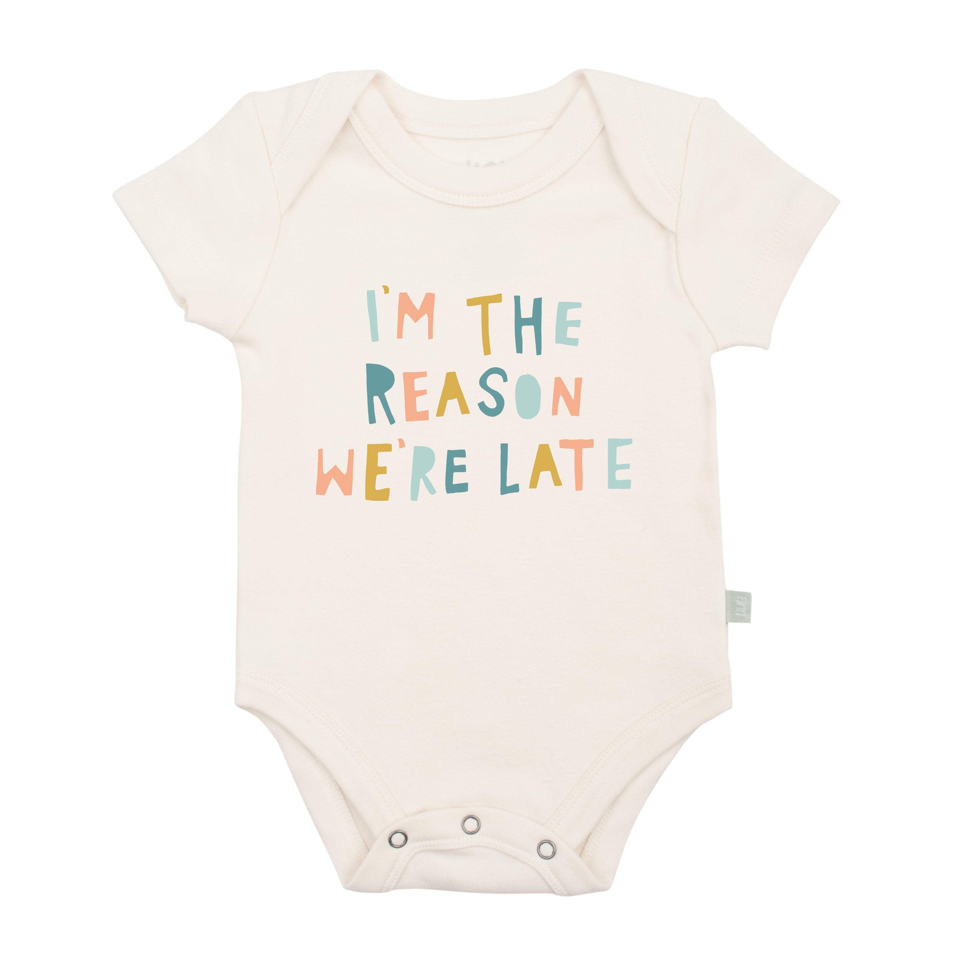 Finn + Emma - Baby graphic organic bodysuit | i'm the reason we're late: 6-9m