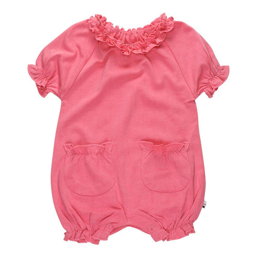 babysoy Inc - Basic Bubble Romper: Pink Lemon, featuring soft breathable fabric with ruffled collar and pockets, designed for cozy everyday wear in a modern baby boutique style.
