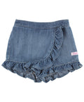RuffleButts + RuggedButts - Girls Light Wash Ruffled Jean Skort: Blue made from soft denim featuring layered ruffle details, perfect stylish kids clothing from a curated children’s boutique for modern families.