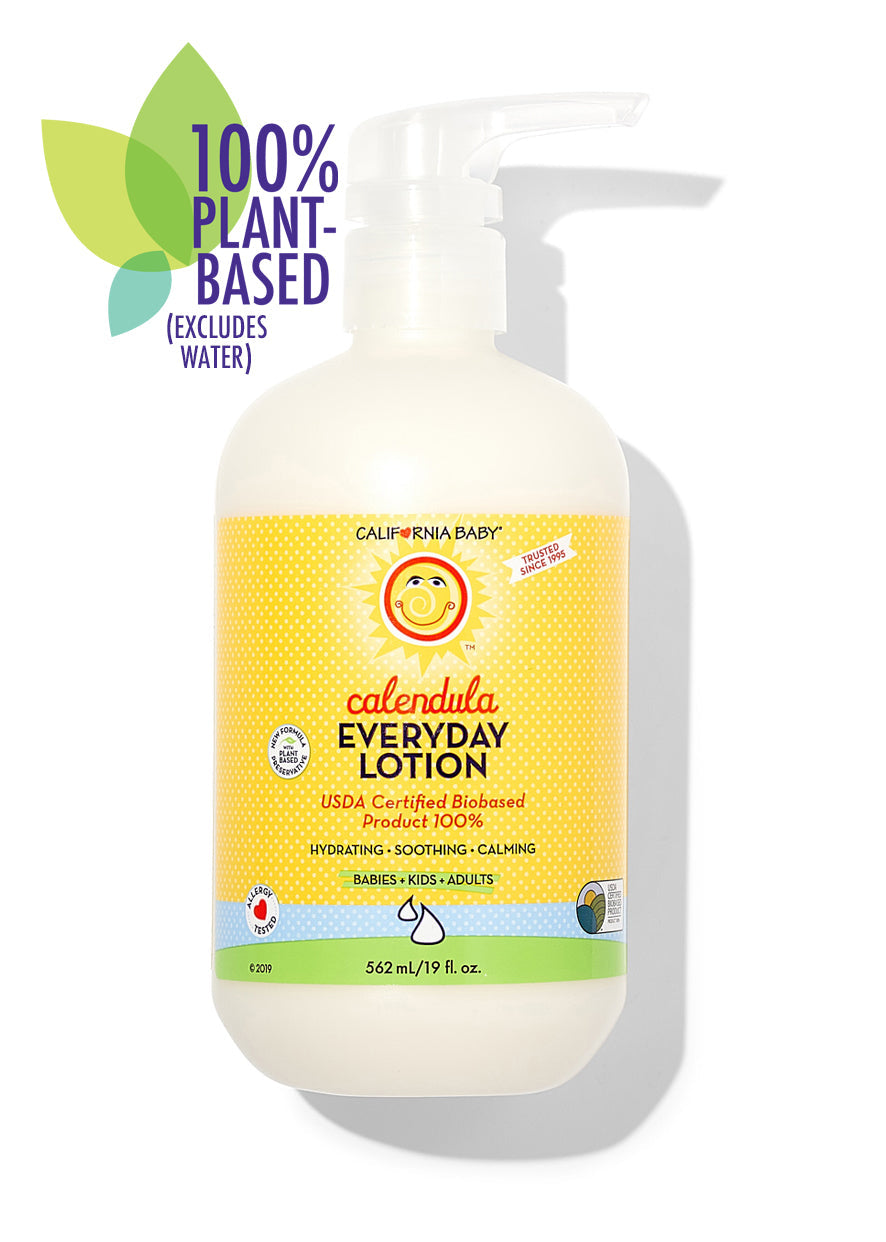 California Baby - Calendula™ Everyday Lotion in a pump bottle with bright yellow label, highlighting hydrating, soothing, and calming plant-based formula for babies, kids, and adults.