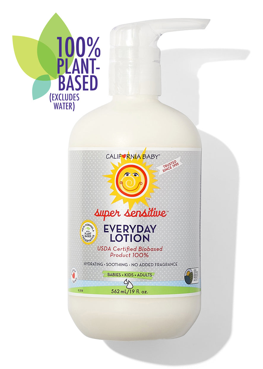 Bottle of California Baby - (No Fragrance) Super Sensitive™ Everyday Lotion with 100% plant-based ingredients, designed for babies, kids, and adults in a soft neutral aesthetic.