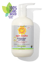 Bottle of California Baby - (No Fragrance) Super Sensitive™ Everyday Lotion with 100% plant-based ingredients, designed for babies, kids, and adults in a soft neutral aesthetic.