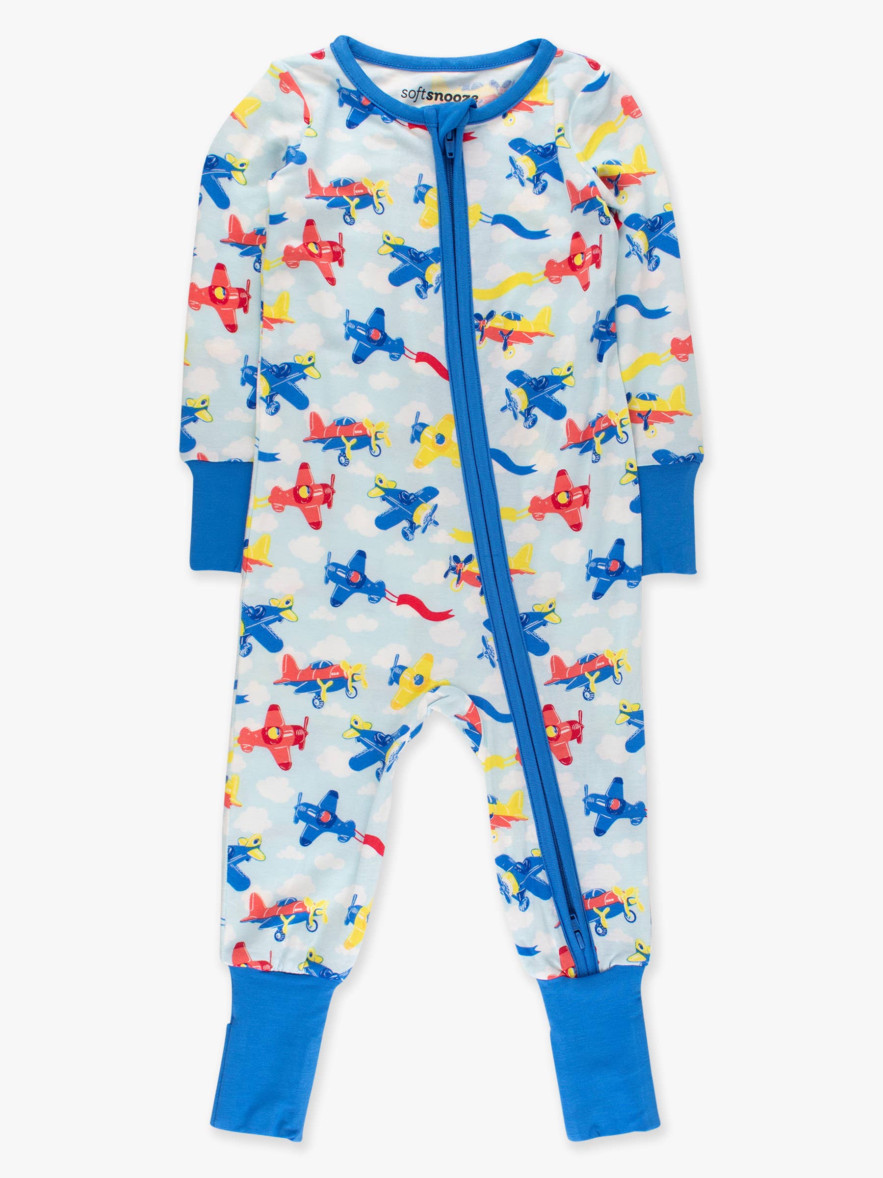 RuffleButts + RuggedButts - SoftSnooze™ Baby Bamboo Viscose Plane Parade Convertible One Piece Footie Pajama featuring colorful airplane prints on soft, breathable fabric for cozy baby comfort.