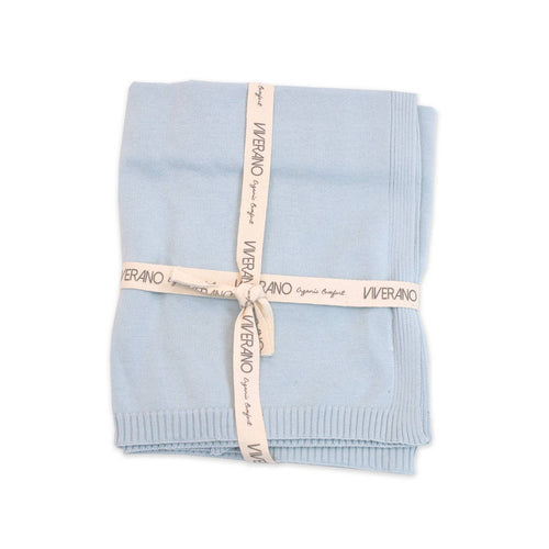 Viverano Organics - Milan Pastel Baby Blanket Sweater Knit (Organic Cotton): Sky Blue folded and tied with branded ribbon, showcasing a soft, breathable organic cotton fabric, perfect for cozy baby essentials.