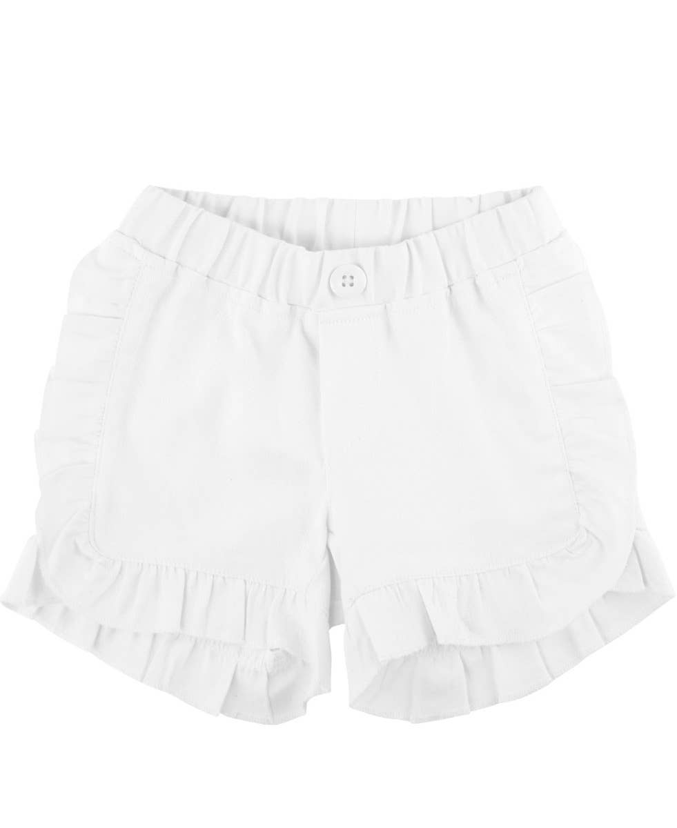 RuffleButts + RuggedButts - Toddler Girls White Ruffle Trim Woven Shorts: White feature soft woven fabric with delicate ruffle trim, perfect for stylish kids clothing and everyday comfort.