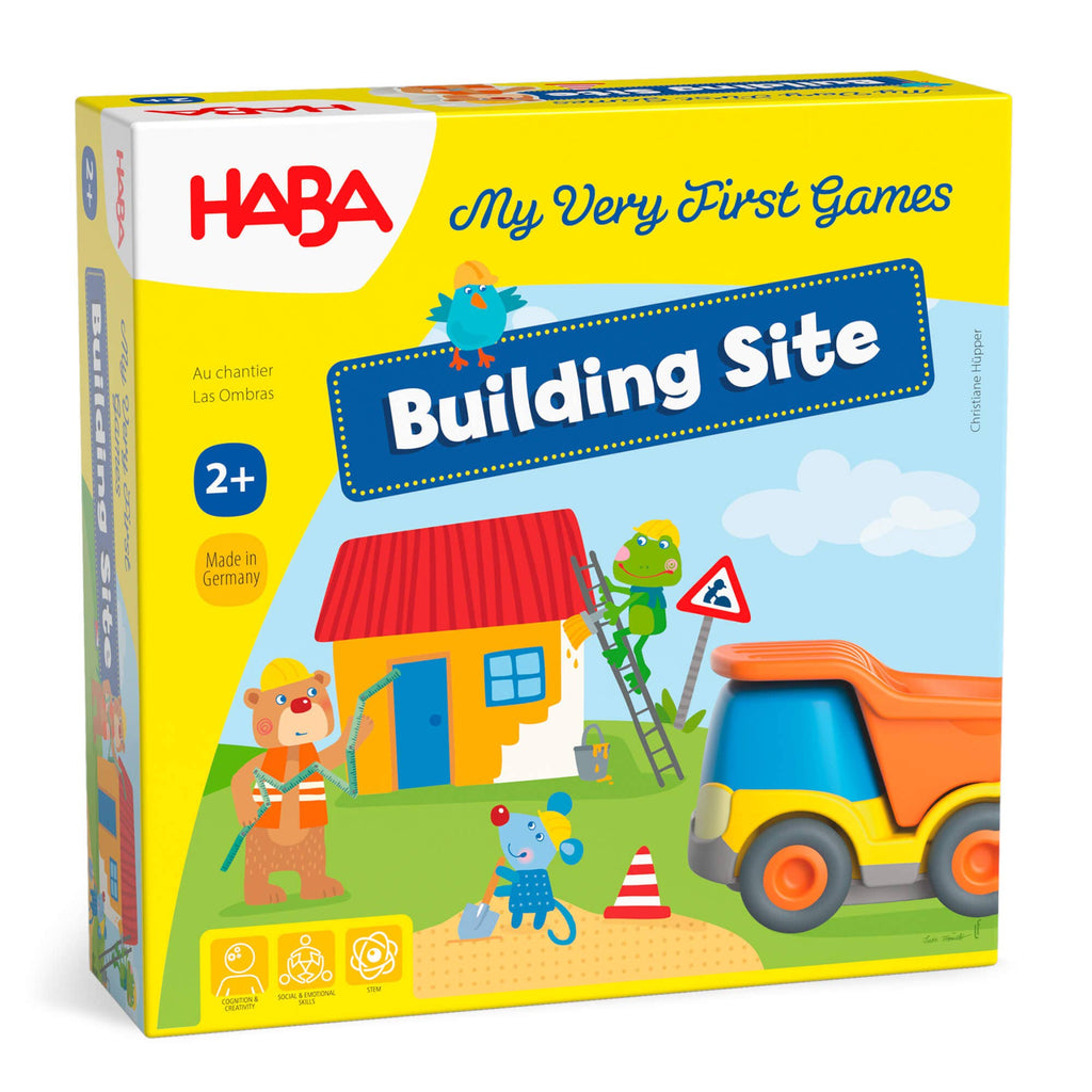 My Very First Games - Building Site board game packaging featuring colorful cartoon animals and construction vehicles, designed as an educational toy for toddlers 2 and up.