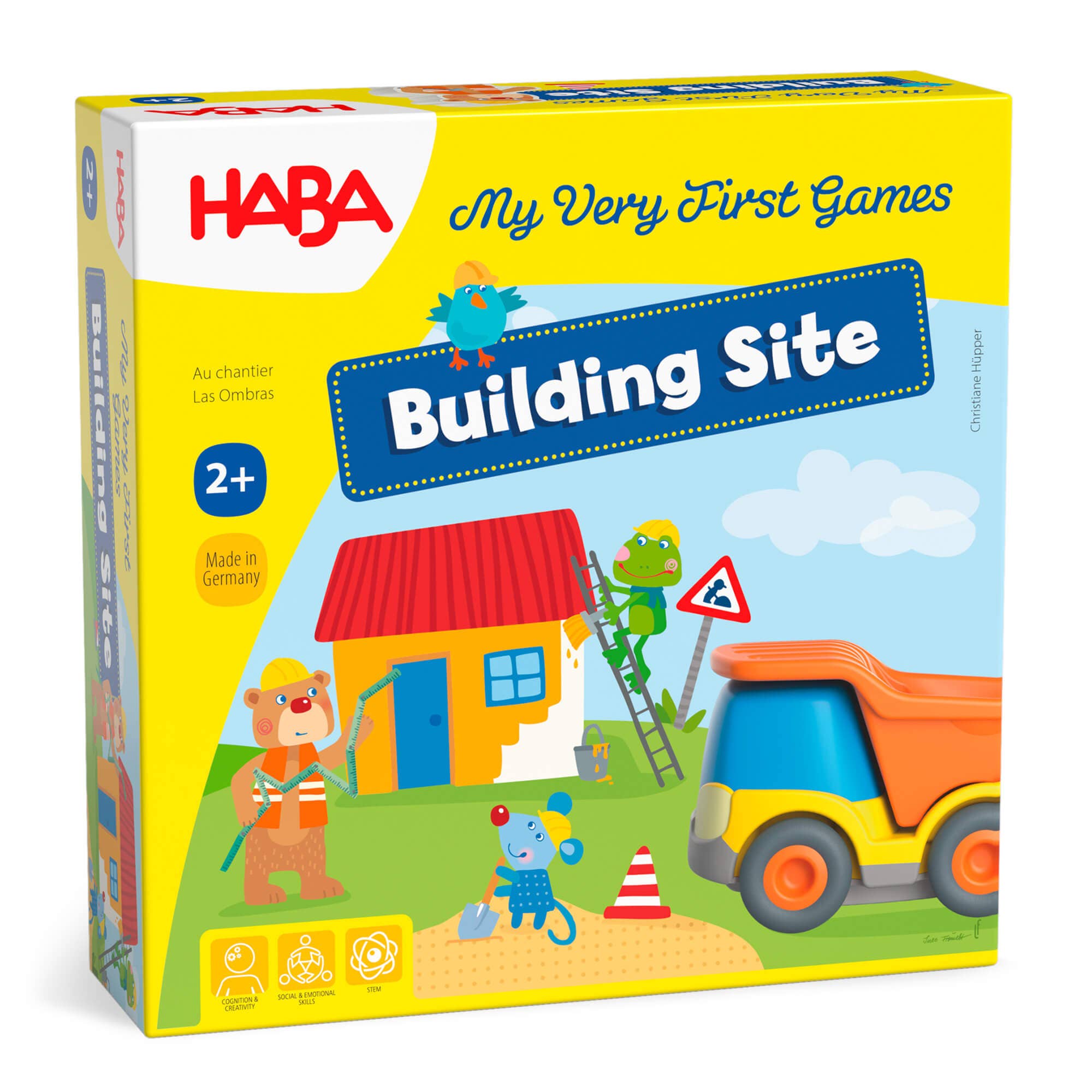 My Very First Games - Building Site board game packaging featuring colorful cartoon animals and construction vehicles, designed as an educational toy for toddlers 2 and up.