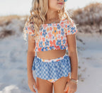 Adorable Sweetness - Girls Retro Checkered Flower Power 2 Piece Skirted Swimsuit