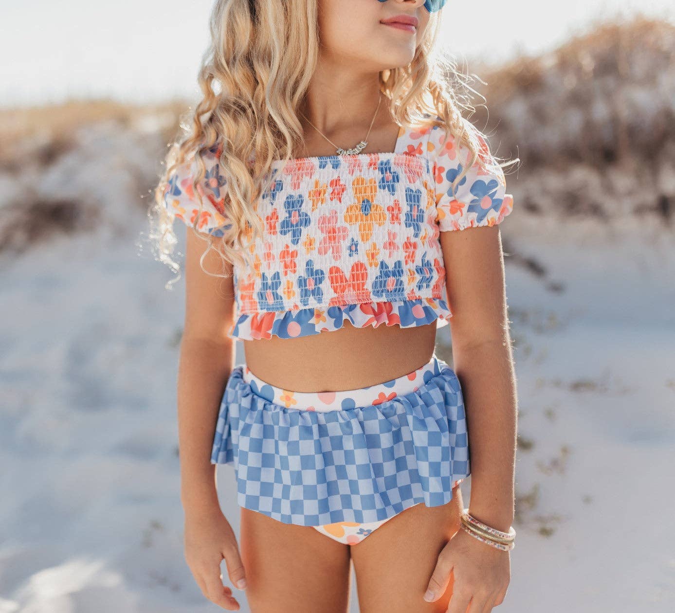 Adorable Sweetness - Girls Retro Checkered Flower Power 2 Piece Skirted Swimsuit
