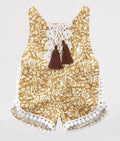 Fennco Styles - Flower Lace Backless Baby Girl Sunsuit Romper in mustard yellow with white floral print, lace back detail, decorative tassels, and pom-pom trim, stylish kids clothing from a curated children’s boutique offering baby clothing and mom life essentials.